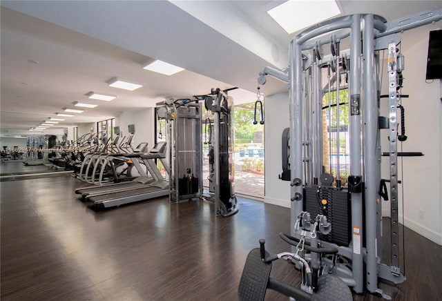 exercise room with dark hardwood / wood-style flooring