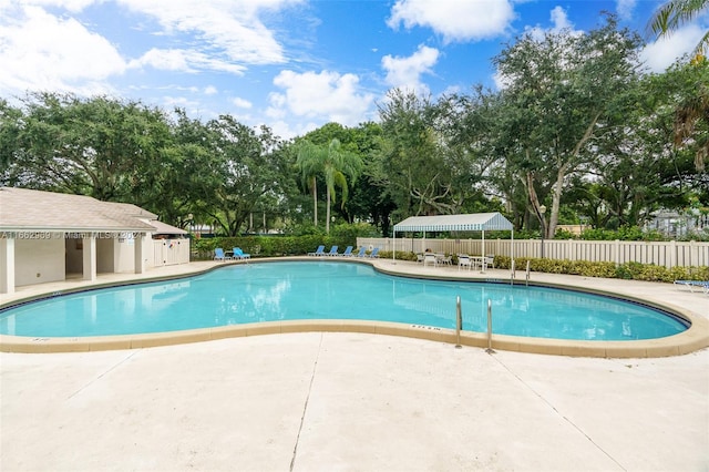 view of swimming pool featuring a patio area