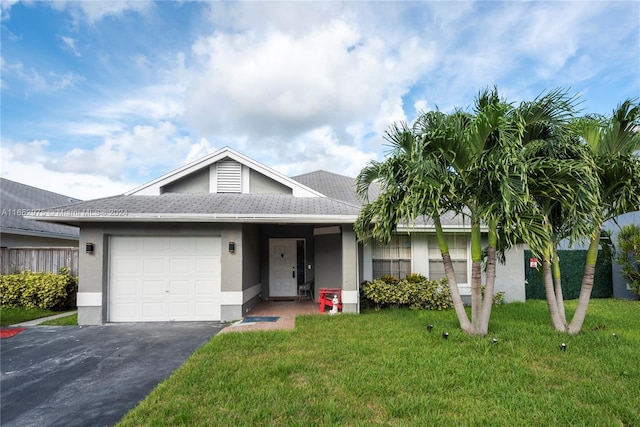 single story home with a garage and a front lawn