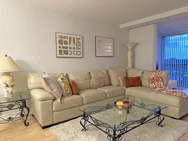 living room with light hardwood / wood-style flooring and a textured ceiling