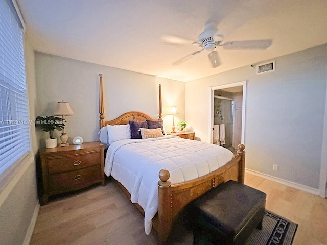 bedroom featuring ceiling fan and light wood-type flooring