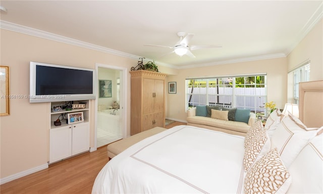 bedroom with ceiling fan, ornamental molding, light hardwood / wood-style floors, and ensuite bathroom