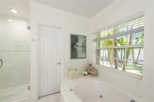 bathroom with shower with separate bathtub, tile patterned flooring, a healthy amount of sunlight, and crown molding