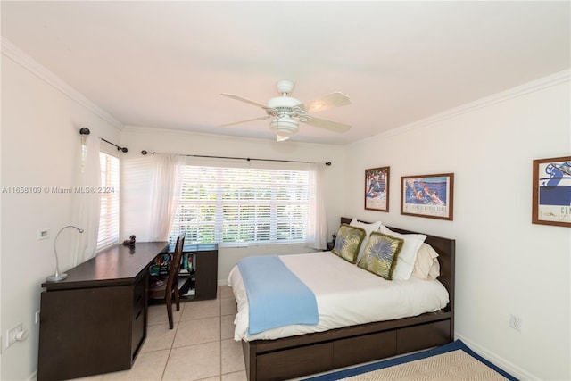 tiled bedroom featuring ceiling fan and ornamental molding