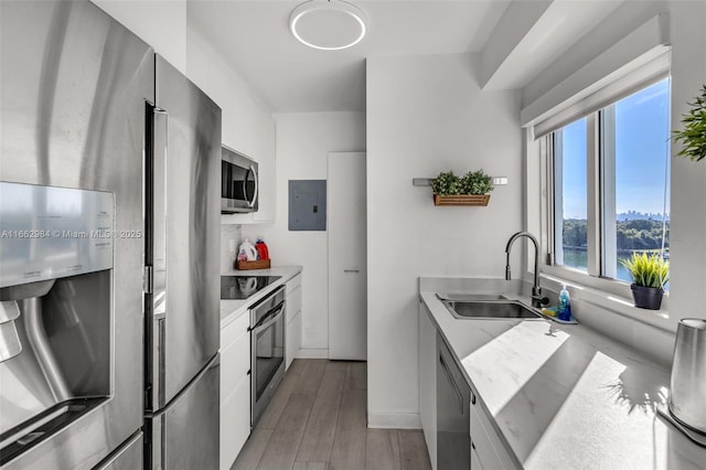 kitchen featuring stainless steel appliances, a sink, white cabinetry, light wood-type flooring, and electric panel