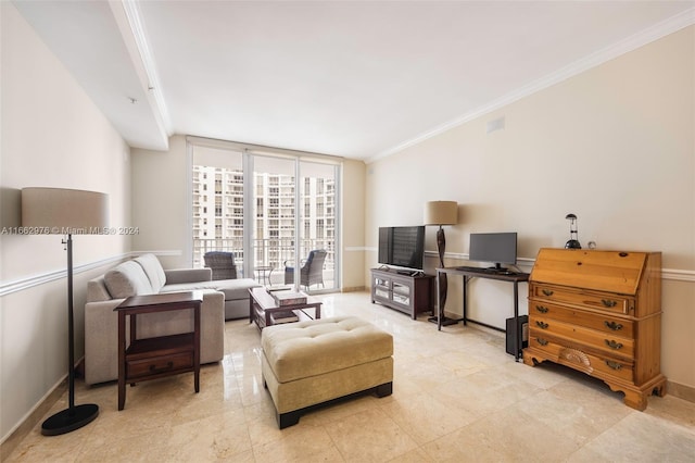 living room featuring crown molding