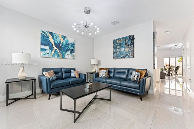 living room with a chandelier