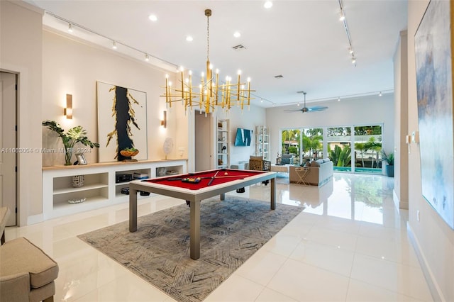 2112 NE 17th Ave, Wilton Manors, FL 33305 - game room with pool table, tile patterned flooring, track lighting, ceiling fan with notable chandelier, and recessed lighting