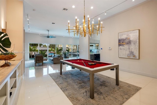 2112 NE 17th Ave, Wilton Manors, FL 33305 - rec room with visible vents, tile patterned flooring, ceiling fan, recessed lighting, and billiards