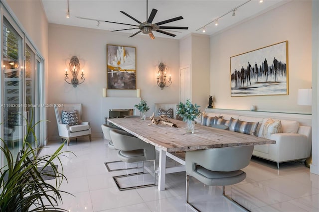2112 NE 17th Ave, Wilton Manors, FL 33305 - tiled dining area featuring rail lighting, ceiling fan, and breakfast area