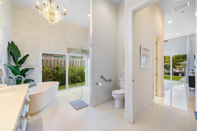 2112 NE 17th Ave, Wilton Manors, FL 33305 - bathroom with a shower stall, vanity, toilet, a chandelier, and a soaking tub