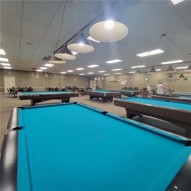 recreation room with a drop ceiling and billiards