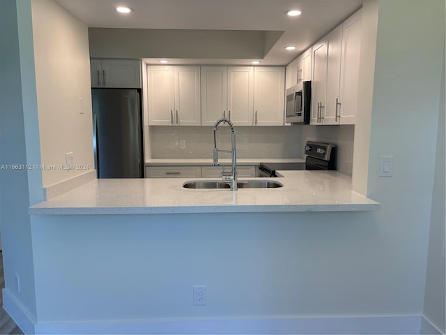 kitchen featuring backsplash, sink, white cabinetry, kitchen peninsula, and stainless steel appliances