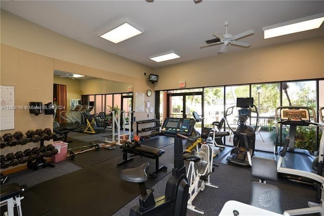 workout area featuring ceiling fan