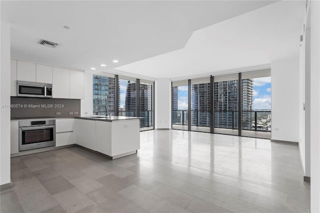 kitchen featuring sink, kitchen peninsula, white cabinetry, appliances with stainless steel finishes, and a wall of windows