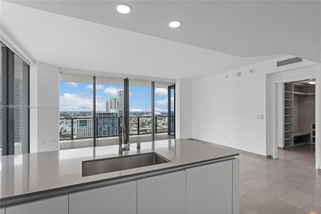 kitchen with floor to ceiling windows, sink, and white cabinets