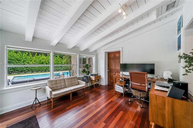 office space featuring beamed ceiling and dark hardwood / wood-style floors