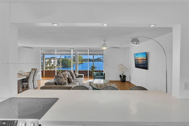 living room featuring wood-type flooring and ceiling fan