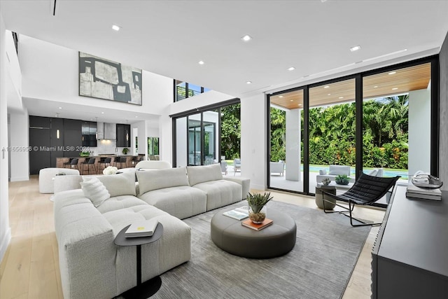 living room featuring a wall of windows, light hardwood / wood-style floors, and plenty of natural light