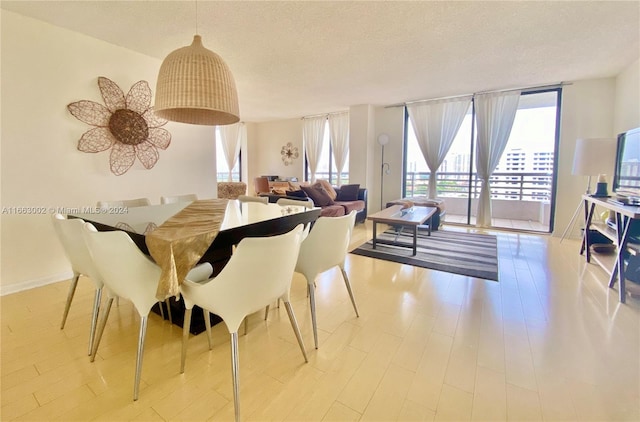 dining room with light hardwood / wood-style flooring and a textured ceiling