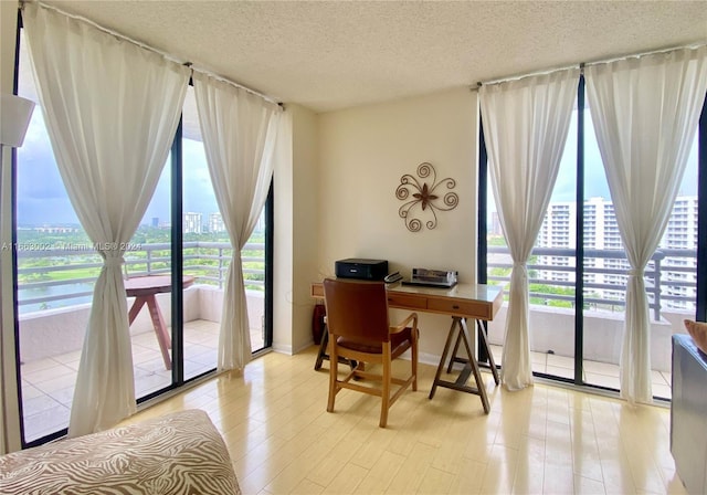 home office featuring light wood-type flooring, a textured ceiling, and plenty of natural light