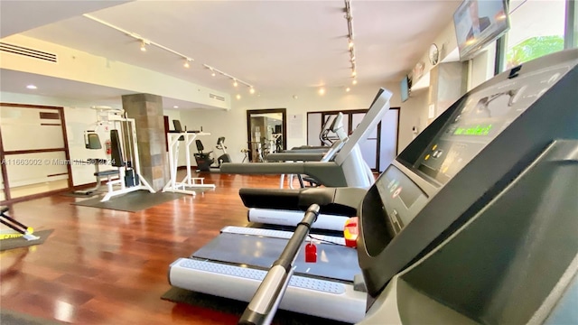 workout area featuring hardwood / wood-style floors and rail lighting