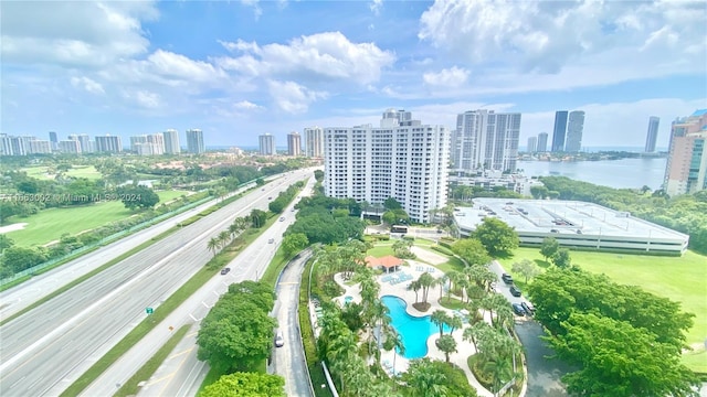 drone / aerial view featuring a water view