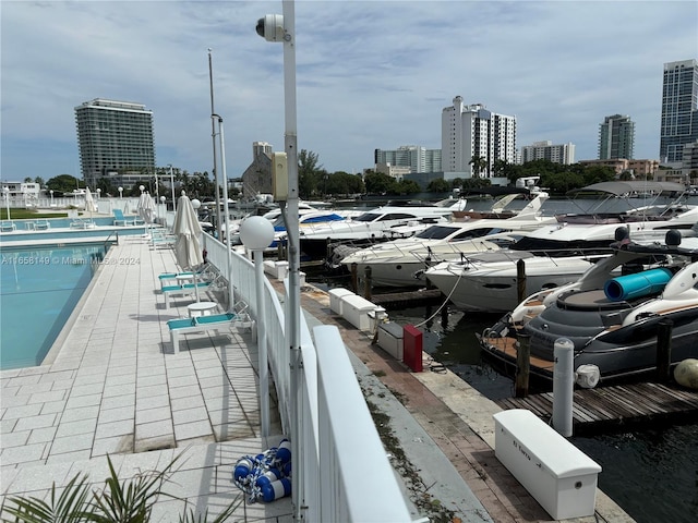 dock area with a community pool and a water view