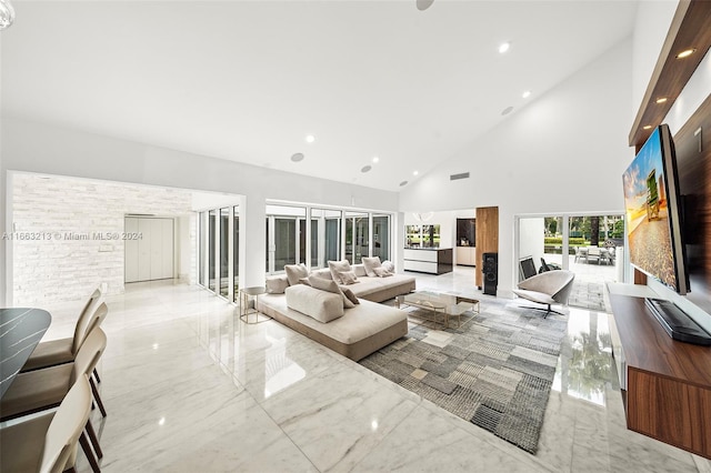 living room featuring high vaulted ceiling