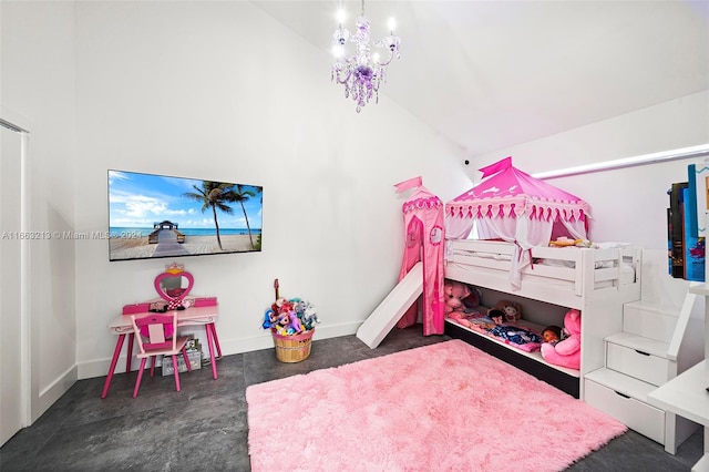 bedroom with vaulted ceiling and an inviting chandelier