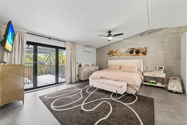 bedroom featuring vaulted ceiling, concrete floors, an AC wall unit, access to exterior, and ceiling fan