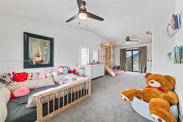 bedroom featuring access to outside, vaulted ceiling, multiple windows, and ceiling fan