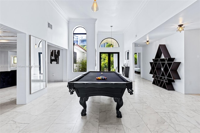 rec room with crown molding and billiards