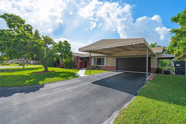 view of front of house featuring a garage, a front lawn, and a carport