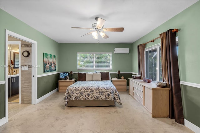 bedroom featuring ceiling fan, multiple windows, and a wall mounted AC