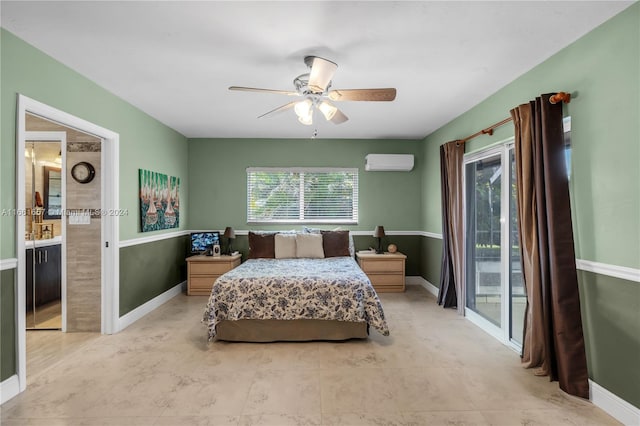 bedroom featuring a wall mounted AC, ceiling fan, and access to exterior