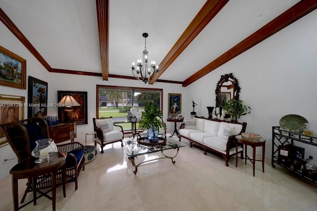 living room featuring lofted ceiling with beams and an inviting chandelier