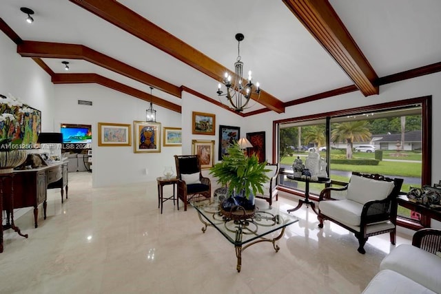 7706 SW 74th Ln, Miami, FL 33143 - living area featuring high vaulted ceiling, beamed ceiling, marble finish floor, and an inviting chandelier
