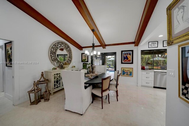 dining room featuring an inviting chandelier and lofted ceiling with beams