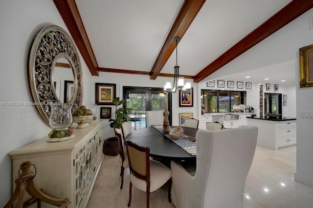 7706 SW 74th Ln, Miami, FL 33143 - dining space with an inviting chandelier and beamed ceiling