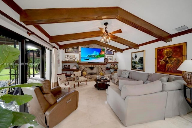 7706 SW 74th Ln, Miami, FL 33143 - living room with visible vents, lofted ceiling with beams, and ceiling fan