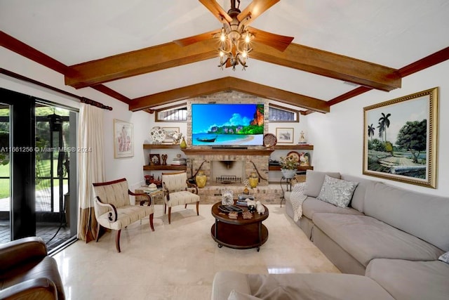 living room with a fireplace and lofted ceiling with beams