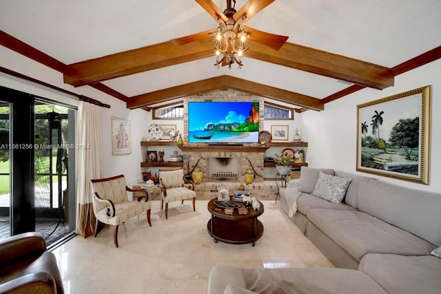 7706 SW 74th Ln, Miami, FL 33143 - living room featuring ceiling fan and lofted ceiling with beams