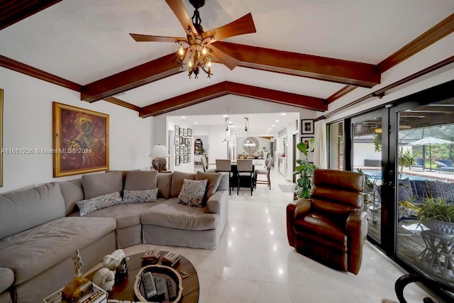 living room with lofted ceiling with beams, light tile patterned floors, crown molding, ceiling fan, and french doors