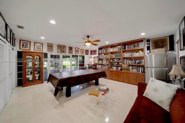 7706 SW 74th Ln, Miami, FL 33143 - rec room featuring pool table, recessed lighting, french doors, visible vents, and ceiling fan