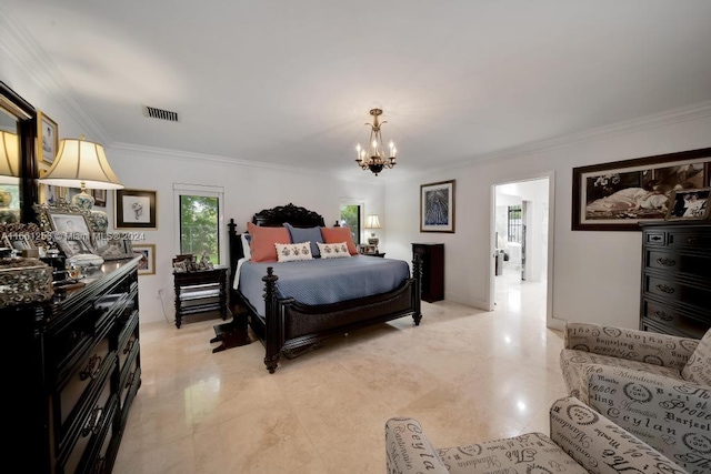 7706 SW 74th Ln, Miami, FL 33143 - bedroom featuring ornamental molding, visible vents, multiple windows, and an inviting chandelier