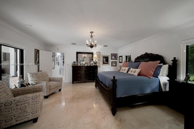 bedroom featuring an inviting chandelier and ornamental molding