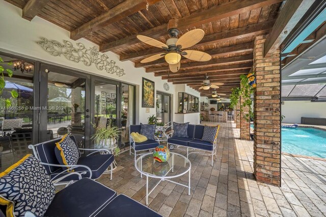 7706 SW 74th Ln, Miami, FL 33143 - view of patio / terrace with an outdoor pool, french doors, an outdoor living space, and ceiling fan