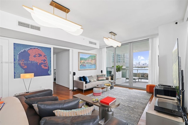 living room featuring expansive windows and dark hardwood / wood-style floors