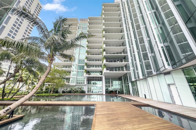 view of building exterior featuring a water view